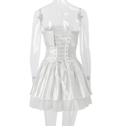 Off shoulder glitter mesh ruffle mini dress