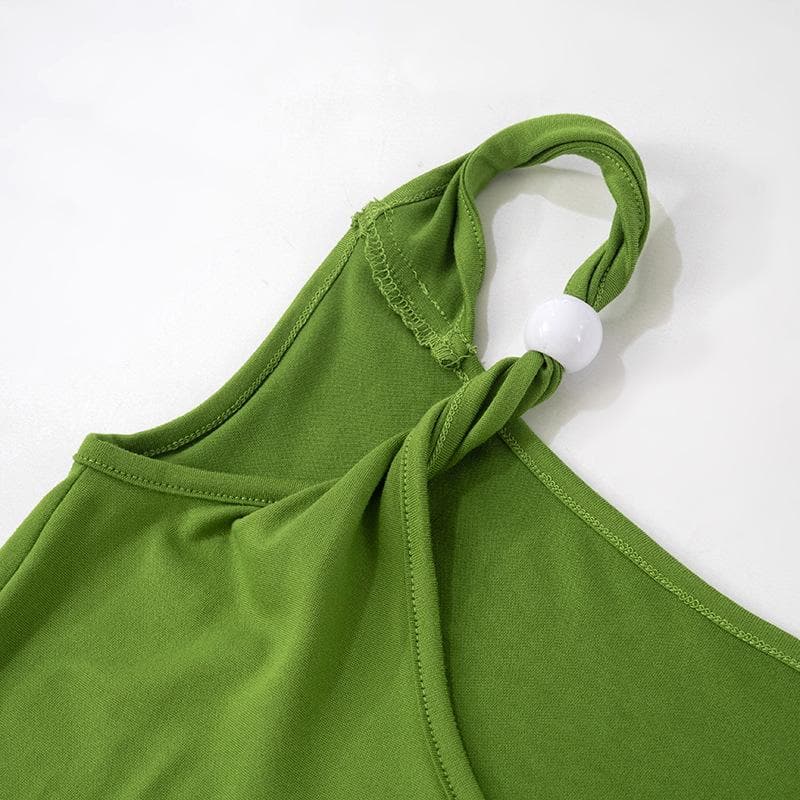 Ruched u neck beaded solid cami midi dress