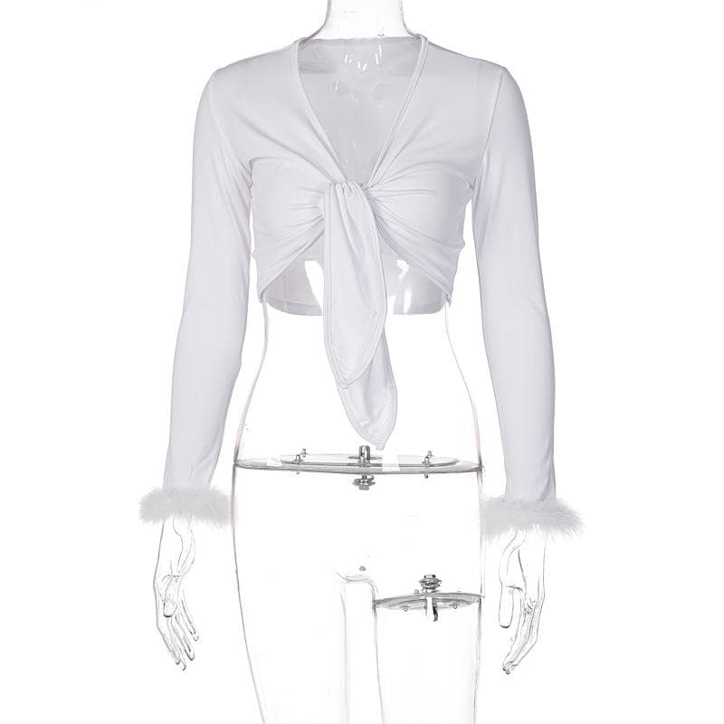 Feather knotted mesh see through long sleeve crop top