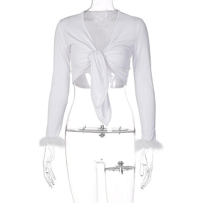 Feather knotted mesh see through long sleeve crop top