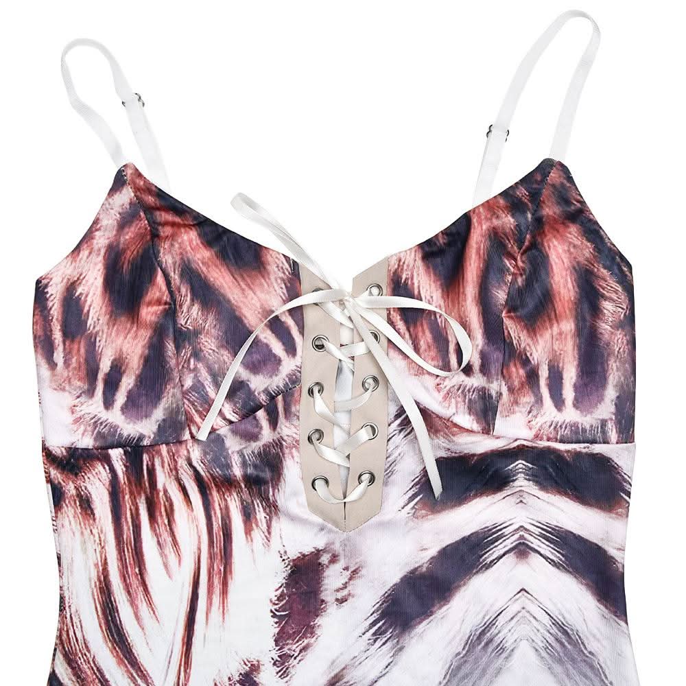 V neck self tie leopard print backless cami maxi dress