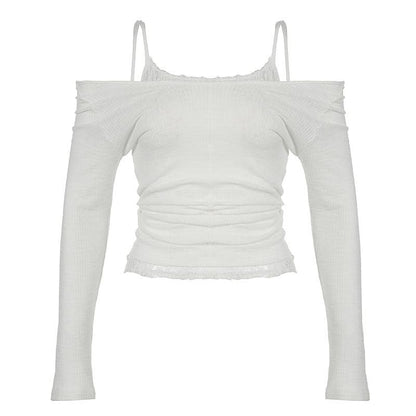 Off shoulder long sleeve lace patchwork top