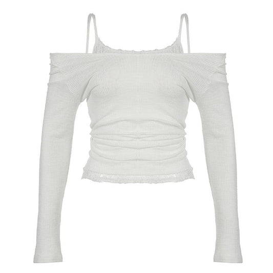 Off shoulder long sleeve lace patchwork top