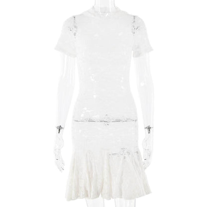 Short sleeve hoodie lace see through mini dress