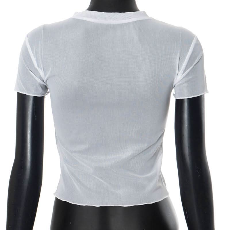 Short sleeve crewneck sheer mesh letter print crop top