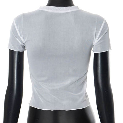 Short sleeve crewneck sheer mesh letter print crop top