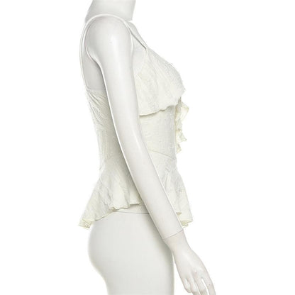 V neck ruffle irregular backless solid cami top