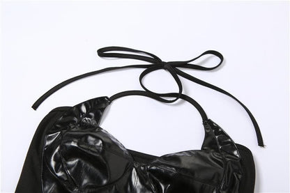 Sleeveless cross front PU leather halter self tie backless crop top