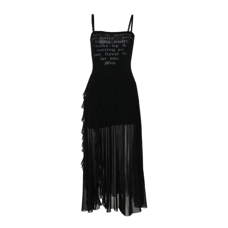 Mesh slit letter print ruffle cami maxi dress