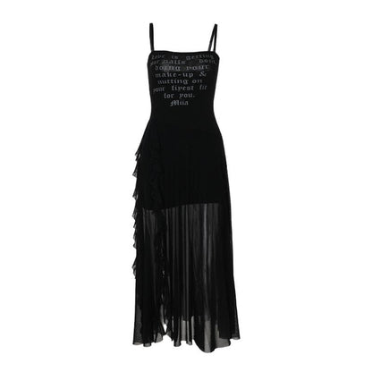 Mesh slit letter print ruffle cami maxi dress