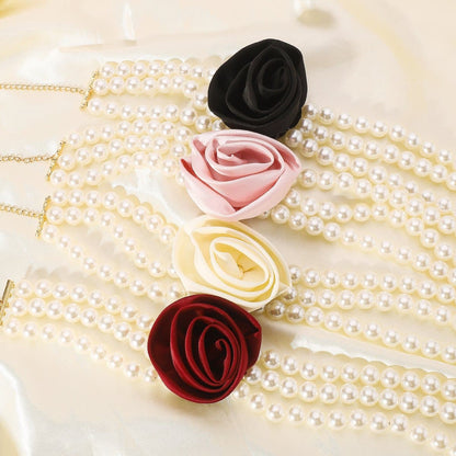 Rose decor faux pearl layered necklace