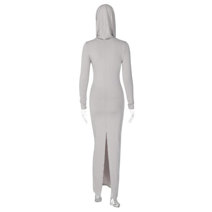 Hooded Long Sleeve Cowl Neck Side Slit Bodycon Maxi Dress