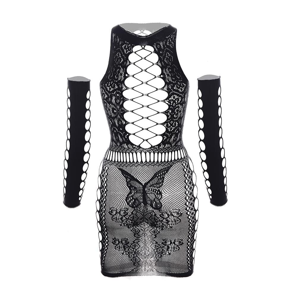 Gloves lace fishnet diamond pattern mini dress