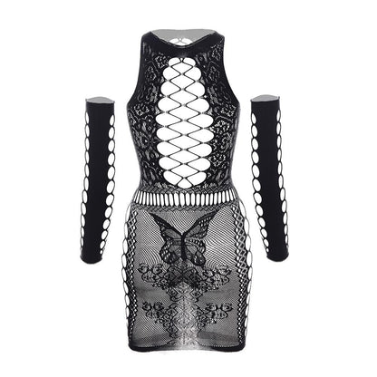 Gloves lace fishnet diamond pattern mini dress
