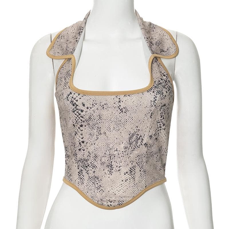 Turnover collar halter snakeskin print top