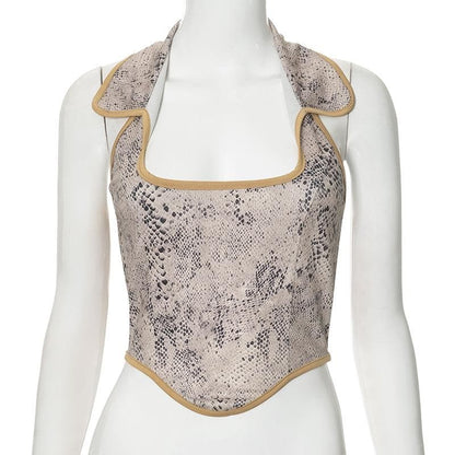 Turnover collar halter snakeskin print top