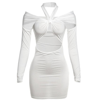 Long sleeve halter hollow out solid cut out mini dress