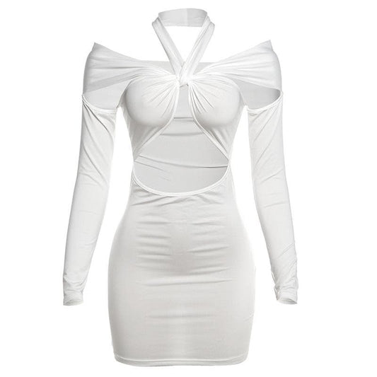 Long sleeve halter hollow out solid cut out mini dress