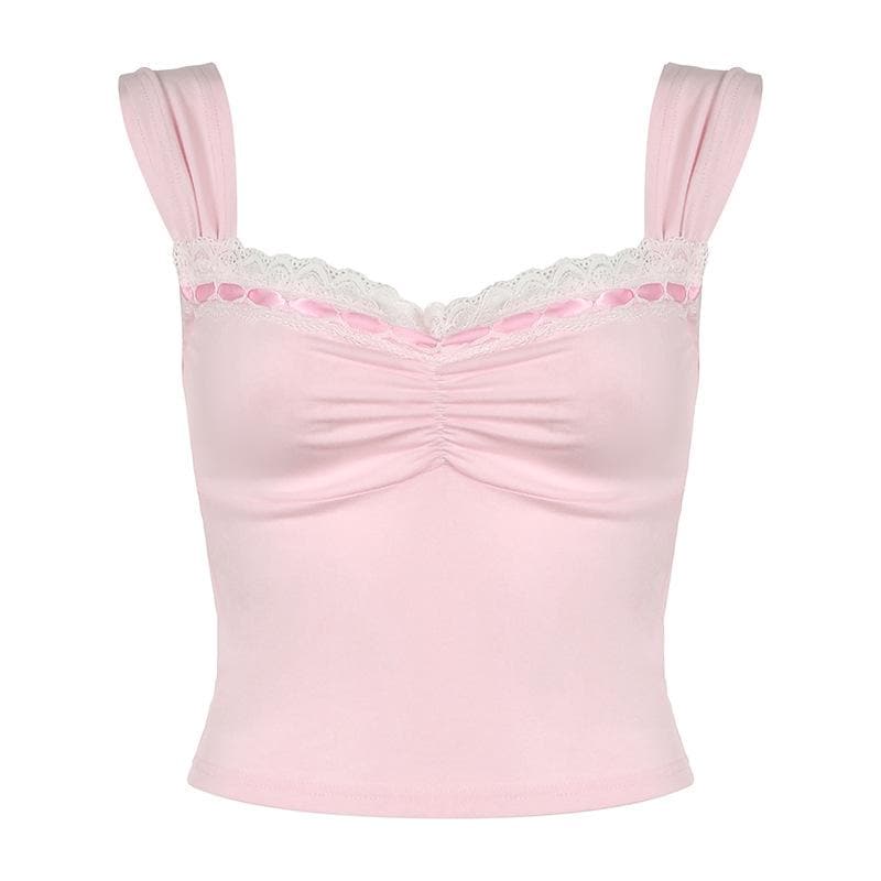 Lace hem ruched ribbon 2-way cami top
