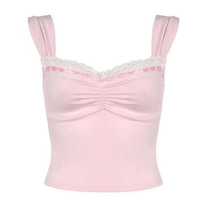 Lace hem ruched ribbon 2-way cami top