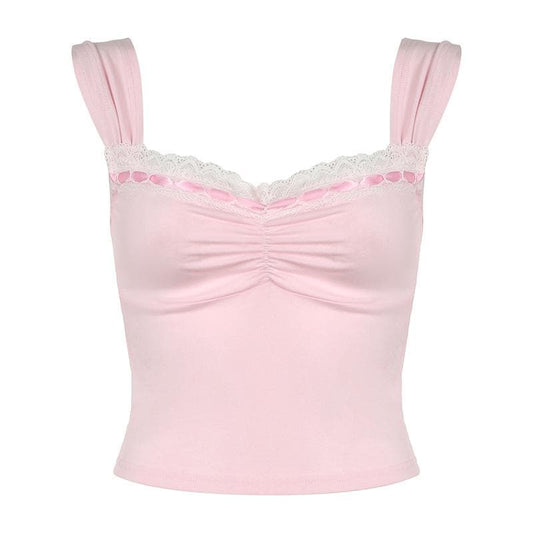 Lace hem ruched ribbon 2-way cami top