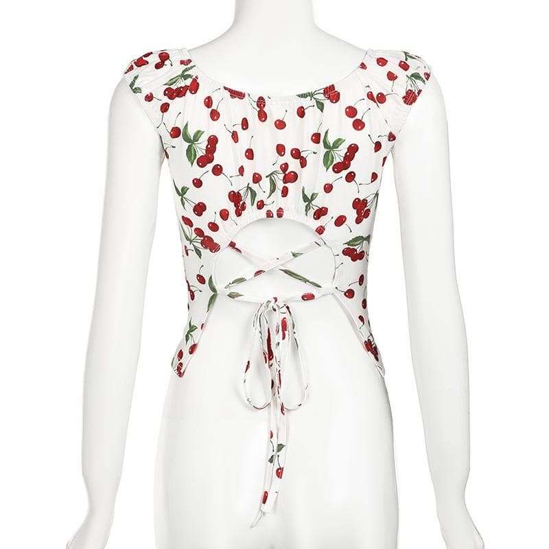Cap sleeve u neck cherry print lace up top