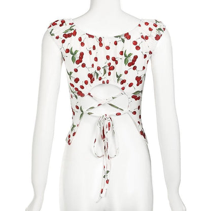 Cap sleeve u neck cherry print lace up top