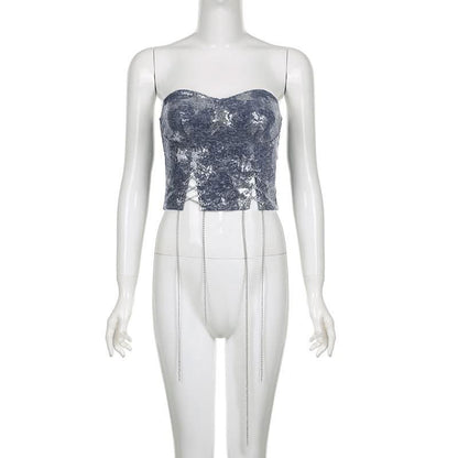 Glitter denim star pattern metal chain tube top