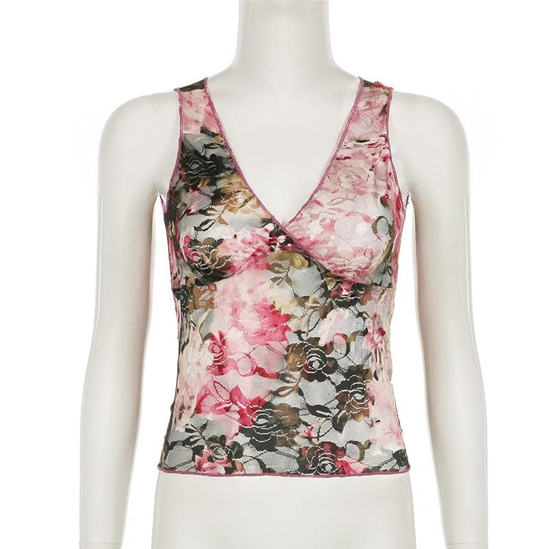 Lace v neck flower pattern stitch tank top