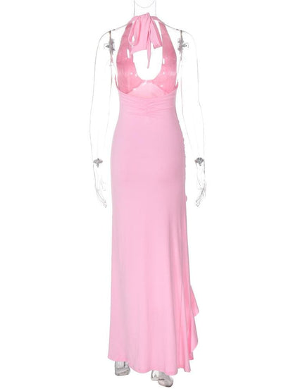 Halter flower applique ruffle ruched slit knotted maxi dress