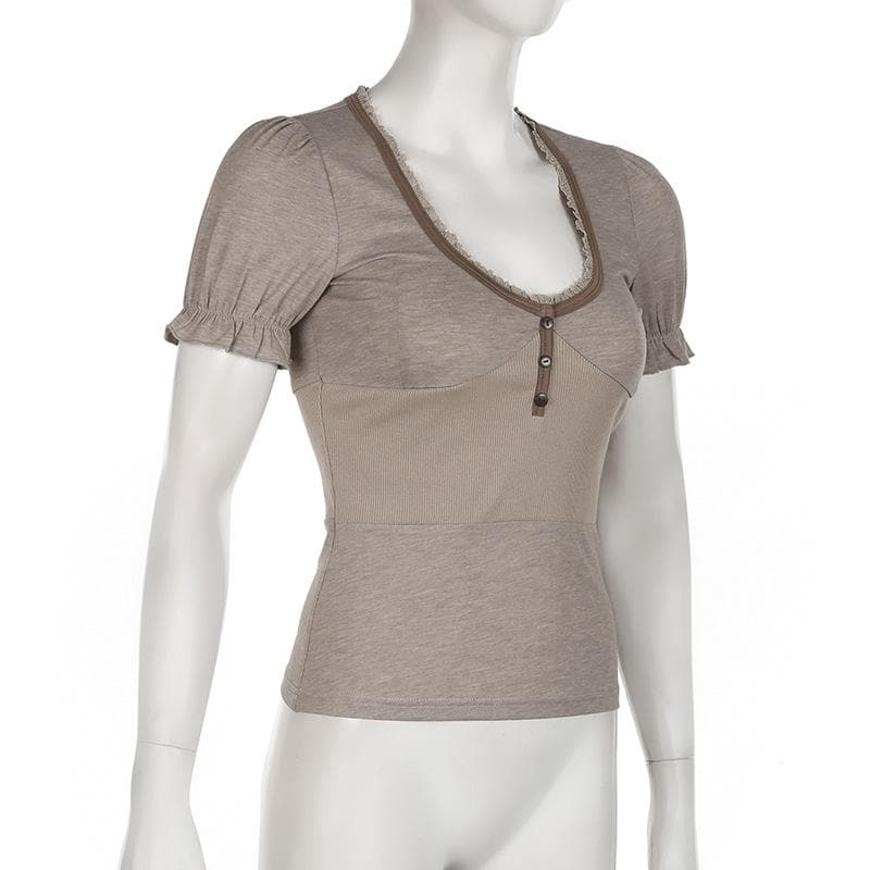 Short puff sleeve button stitch ruffle ribbed top