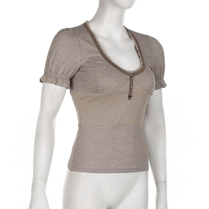 Short puff sleeve button stitch ruffle ribbed top