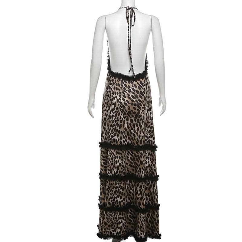 Halter deep v neck leopard print ruffle maxi dress-final-sale