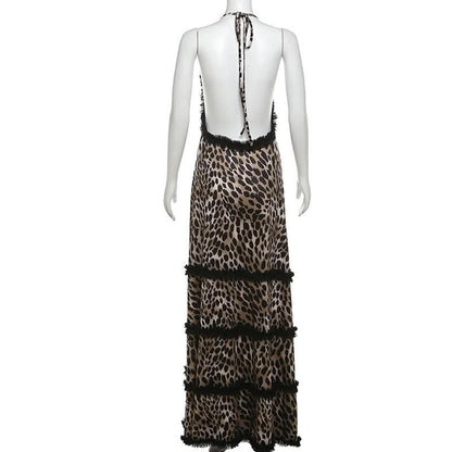Halter deep v neck leopard print ruffle maxi dress-final-sale