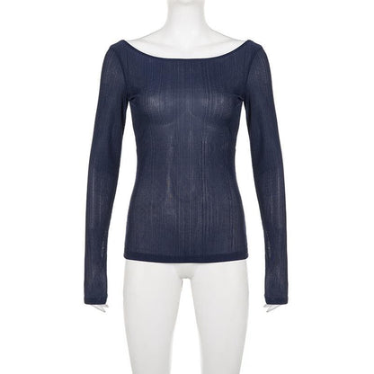 Self tie backless round neck long sleeve textured top