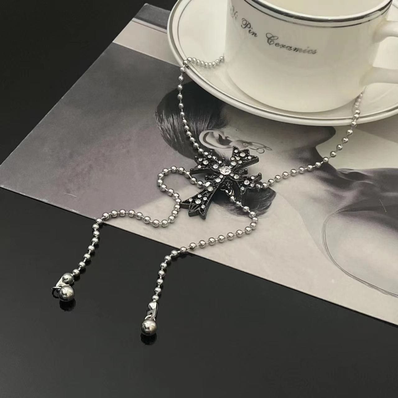 Rhinestone cross pendant adjustable necklace