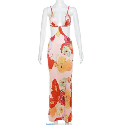 Hollow out v neck backless self tie flower print cut out maxi dress-final-sale