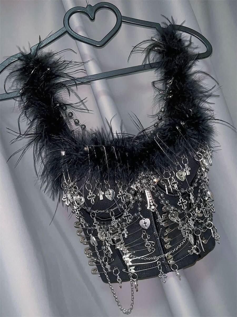 Fluffy beaded metal applique crop top