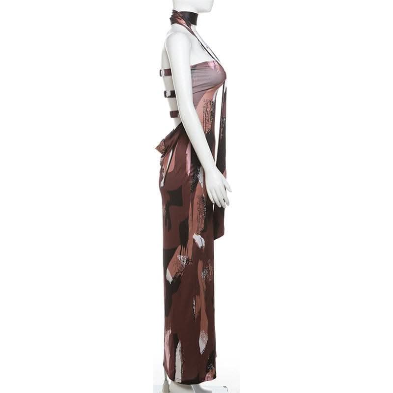 Print ruched backless hollow out tube cut out maxi dress-final-sale