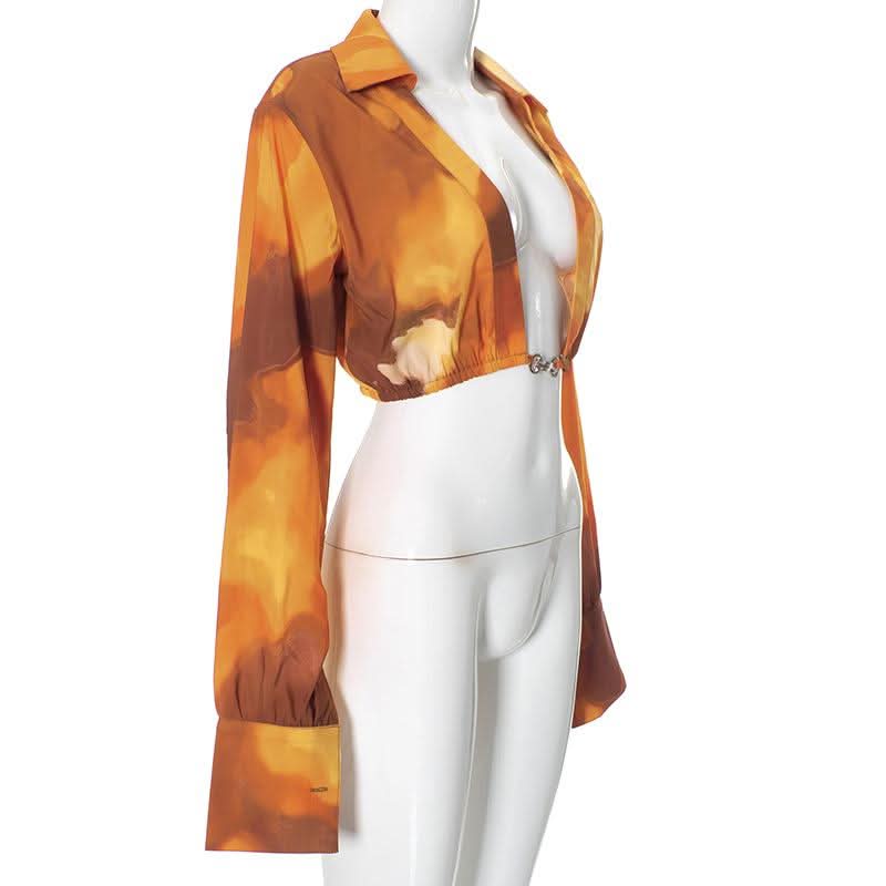 Button long sleeve ruched turnover collar print top