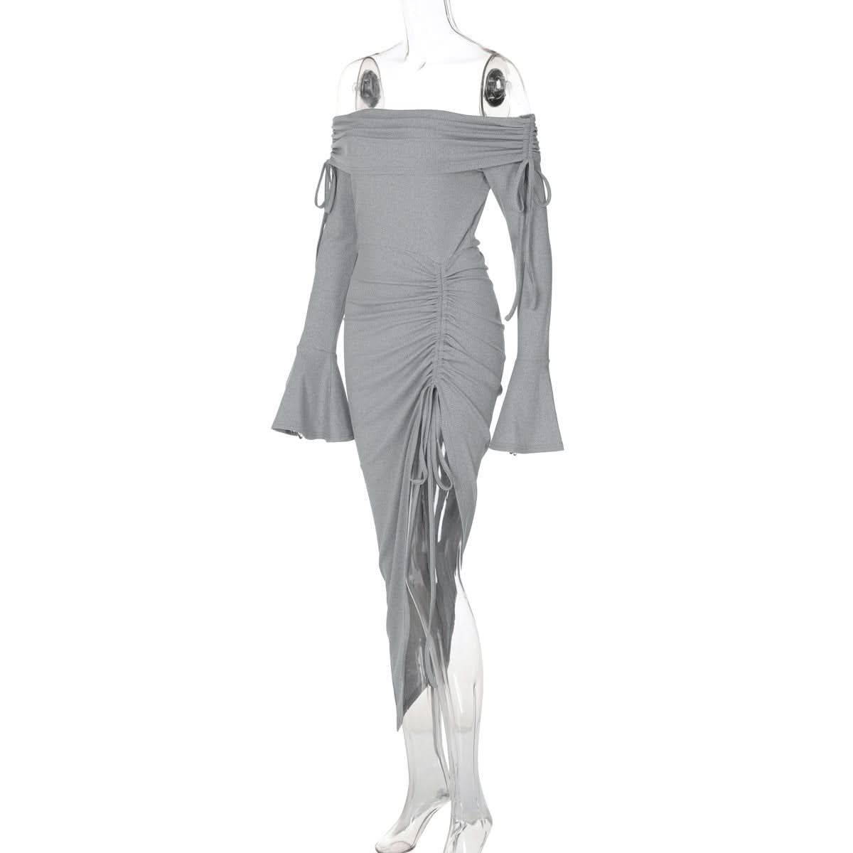 Off shoulder long flared sleeve drawstring ruched midi dress