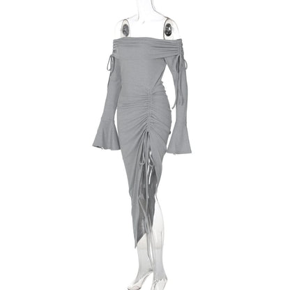 Off shoulder long flared sleeve drawstring ruched midi dress