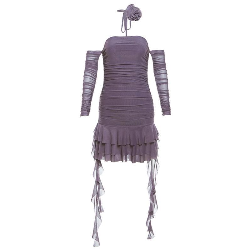 Long sleeve sheer mesh flower applique mini dress