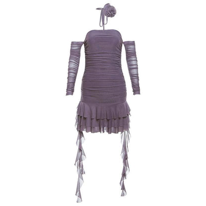 Long sleeve sheer mesh flower applique mini dress