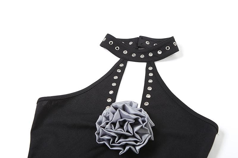 Halter flower applique solid hollow out cut out top