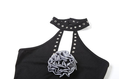 Halter flower applique solid hollow out cut out top