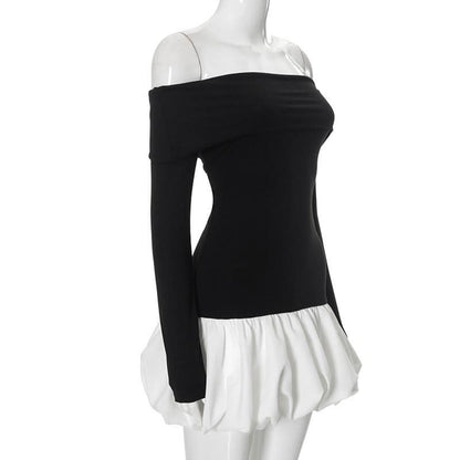 Ruched long sleeve off shoulder contrast mini dress