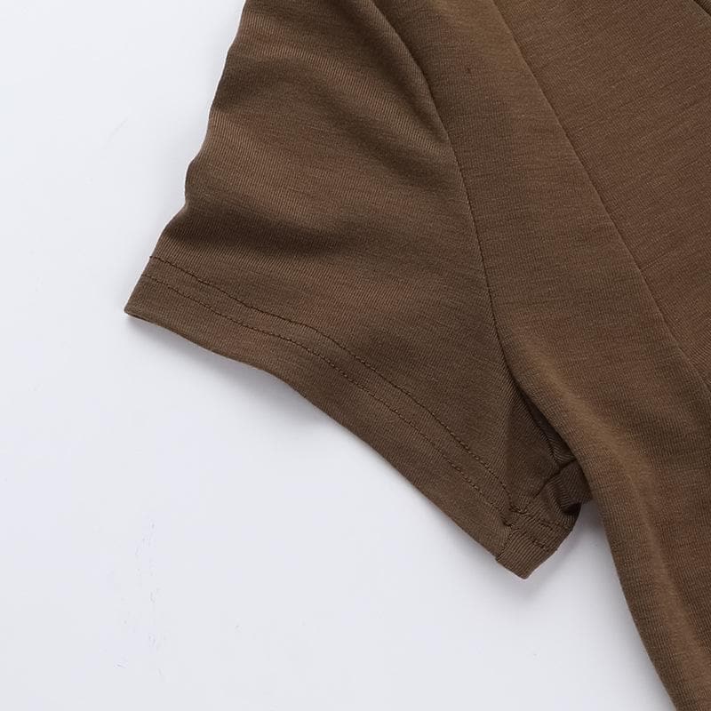 Short sleeve v neck button solid top