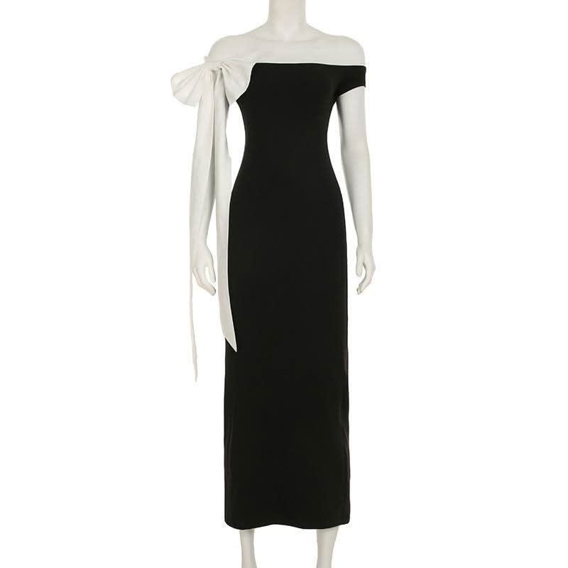 Bowknot off shoulder irregular contrast maxi dress