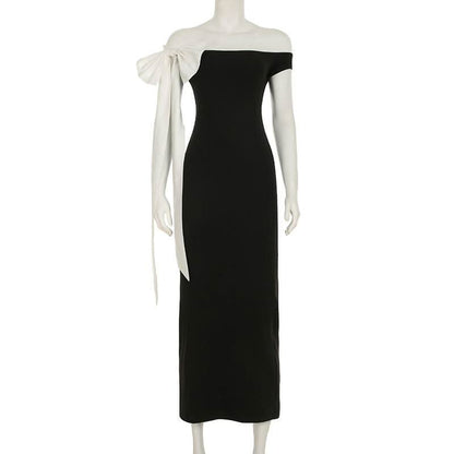 Bowknot off shoulder irregular contrast maxi dress